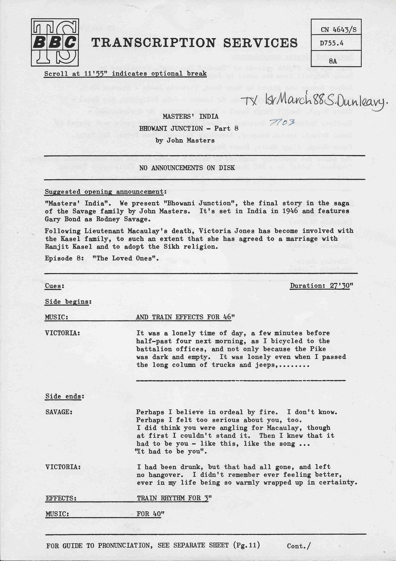 CN 4643 S 4 Masters' India Bhowani Junction - Parts 7 & 8 John Masters Inserts from CN 4643 S 4